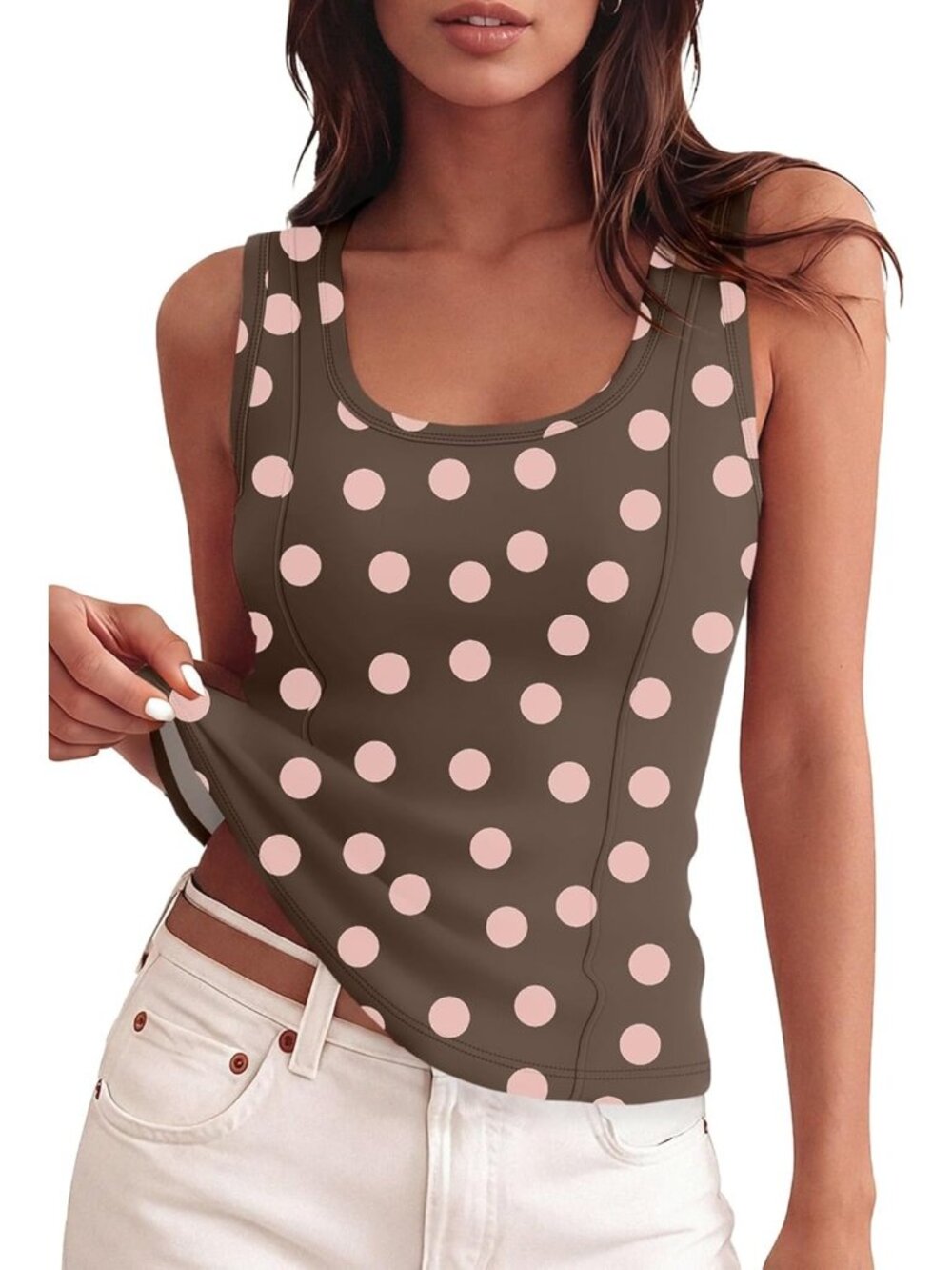 Womens brown Polka Dots Tank Top Ribbed Scoop Neck Slim Fit